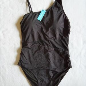 Yonique women's asymetrical One Piece Black Mesh Swimsuit